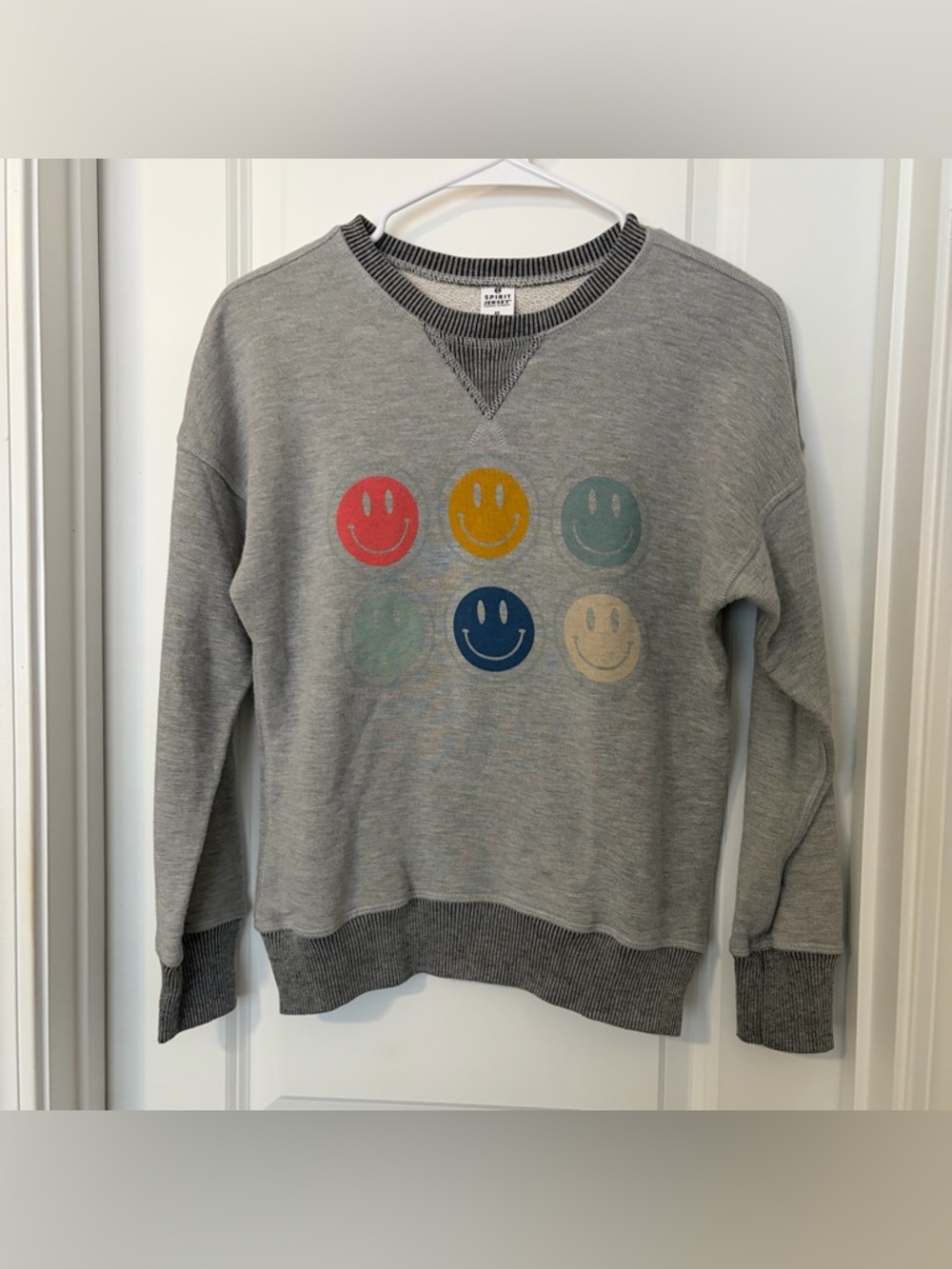 Spirit Jersey- Grey Smiley Face Sweatshirt with Multi-Color Smiles
Size XS